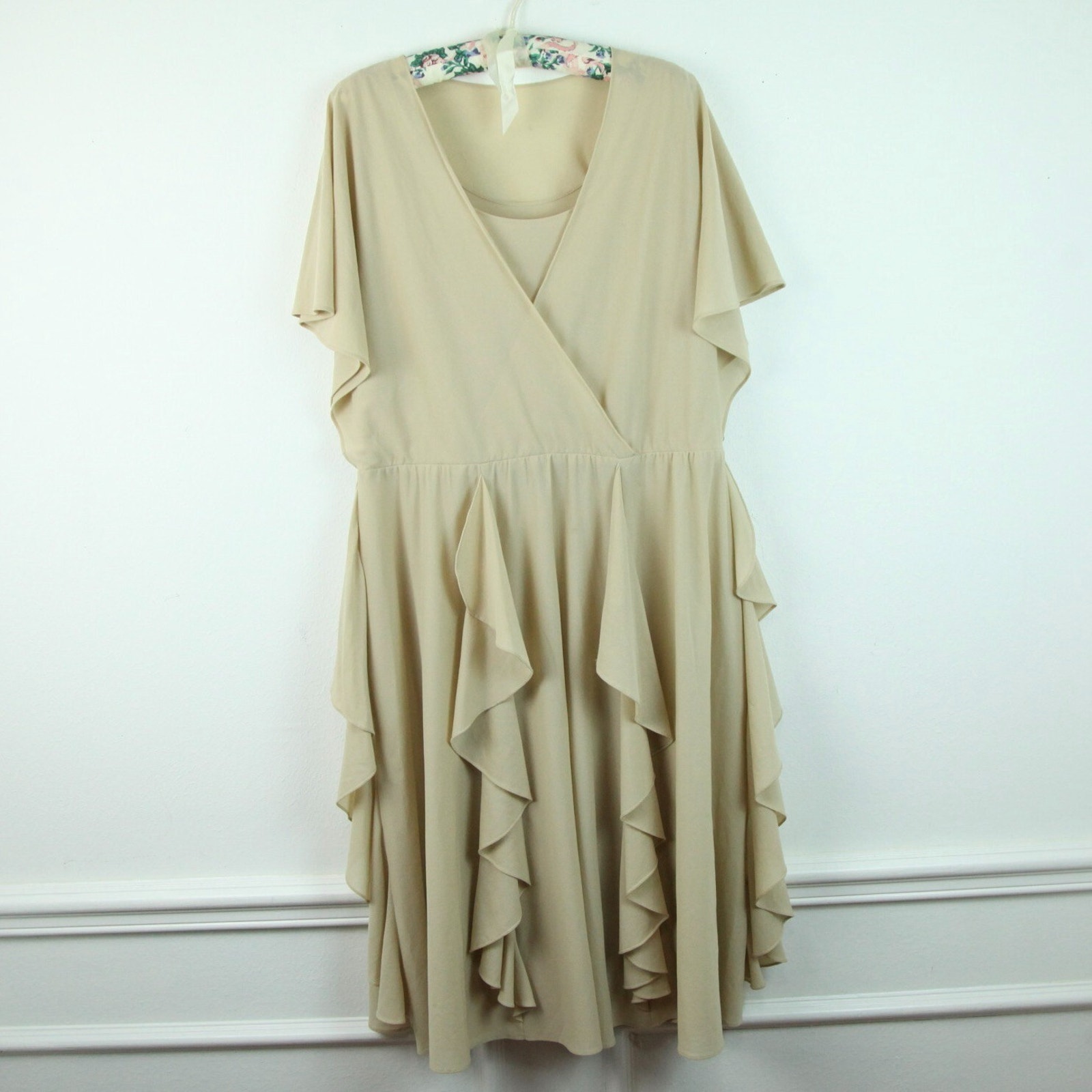 Vintage Size 14 Dress 70s Boho Feminine Romantic Ruffle Ethereal Neutral Fairy